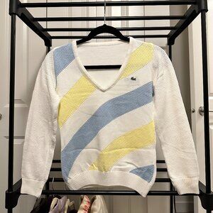 Lacoste Blue and Yellow Strip Knit Sweater - V shape Neckline